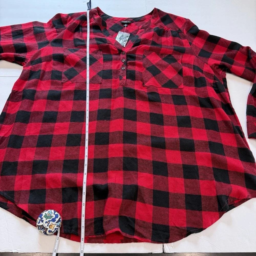 Torrid Lizzie Black Red Buffalo Plaid Twill Button Up Long Sleeve‎ Shirt Size 3X